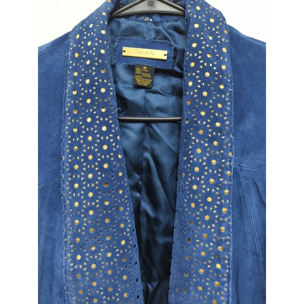 L1 IMAN Genuine Soft Leather Suede Women's Sz M Blue w/Gold Eyelet Collar Jacket